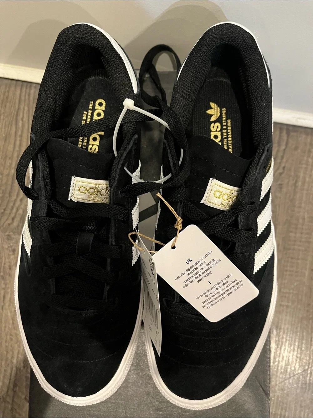 adidas Busenitz Vulc II Black with White Stripes and Gold Logo